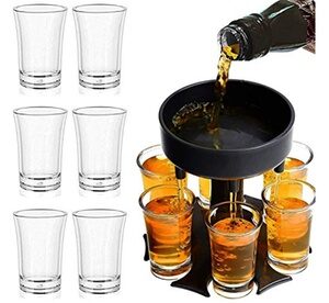 6 Shot Liquor Dispenser/Holder Set with 6 Shot Acrylic Glasses Black -Green Set-Pourer with Individual stoppers