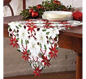 Christmas Embroidered Table Runner Holly Poinsettia for Christmas Decorations Red