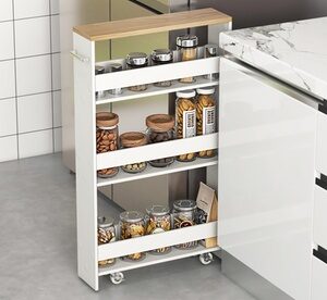 Costway 4-Tier Slim Storage Cart w/ Open Shelves Rolling Kitchen Cart on Wheels White&Natural