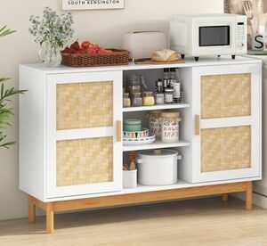 Costway 48 Sideboard Buffet Cabinet with 2 Bamboo Woven Doors 3 Open Shelves