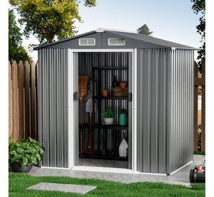 Costway 6 x 4 FT Outdoor Storage Shed Galvanized Steel Shed Lockable Doors Grey Storage Sheds