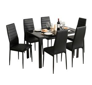 Costway 7 PCS Kitchen Dining Table Set Breakfast Furniture w/ Glass Top Padded Black