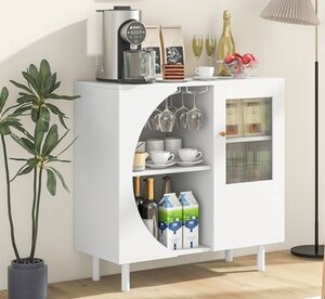 Costway Kitchen Sideboard Wooden Buffet Cabinet with Glass Holder & Glass Doors