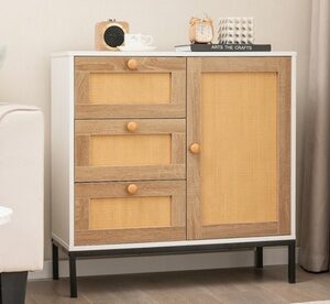 Costway Rattan Buffet Sideboard with 3 Drawers & 1 Door Sturdy Metal Legs