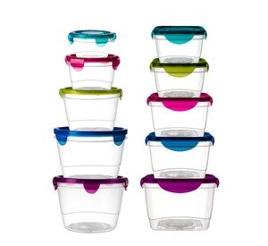 Lock-and Seal Plastic Food Storage Set w/ Multicolor Lids (10pc-12pc-20pc) Multi-color