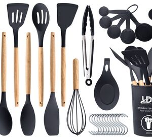 Lux Decor Silicone Kitchen Utensils Set Heat Resistant 35-Pcs Cooking Tools Grey