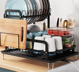 NewHome 2-Tier Dish Drying Rack w/ Drain Board & Utensil & Cutting Board Holder