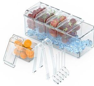 NewHome Ice Chilled Condiment Server with 5 Trays Lids and Serving Utensils Clear 15.75 x 6.1 x 5.3in