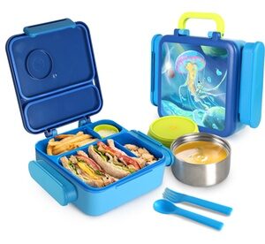 NewHome Kids Thermal Lunch Box with Insulated Bag 2 Compartments Spoon Fork Blue