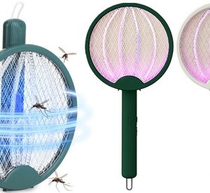 Rechargeable Foldable Electric Fly Swatter Racket Mosquito Trap Ultraviolet Lamp Green Single