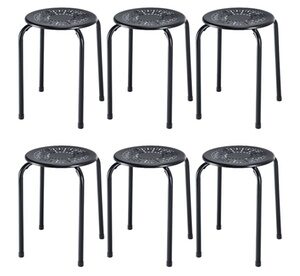 Set of 6 Stackable Metal Stool Set Daisy Backless Round Kitchen Black