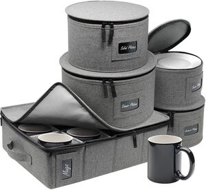 Sturdy China Dinnerware Storage Set - Hard Shell Holder for Round Plates & Cups 12 Grey 4-Piece Set