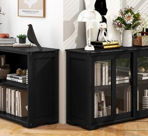 Costway 2-Door Stackable Buffet Sideboard 2 PCS w/ Sliding Tempered Glass Doors Brown