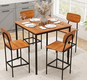 Costway 5-Piece Industrial Dining Table Set Counter Height Table & 4 Bar Stools Teak