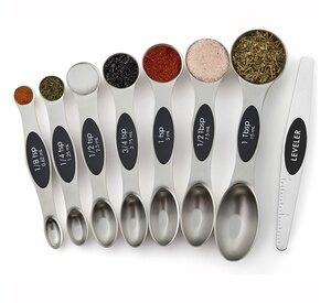 Magnetic Measuring Spoons Set Dual Sided Stainless Steel Set of 8 Red