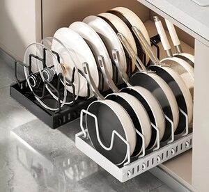 NewHome Pull-Out Pots & Pans Organizer with 8 Adjustable Dividers for Cabinets White