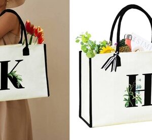 Personalized Initial Canvas Beach Bag Tote Bag Monogrammed for Women H
